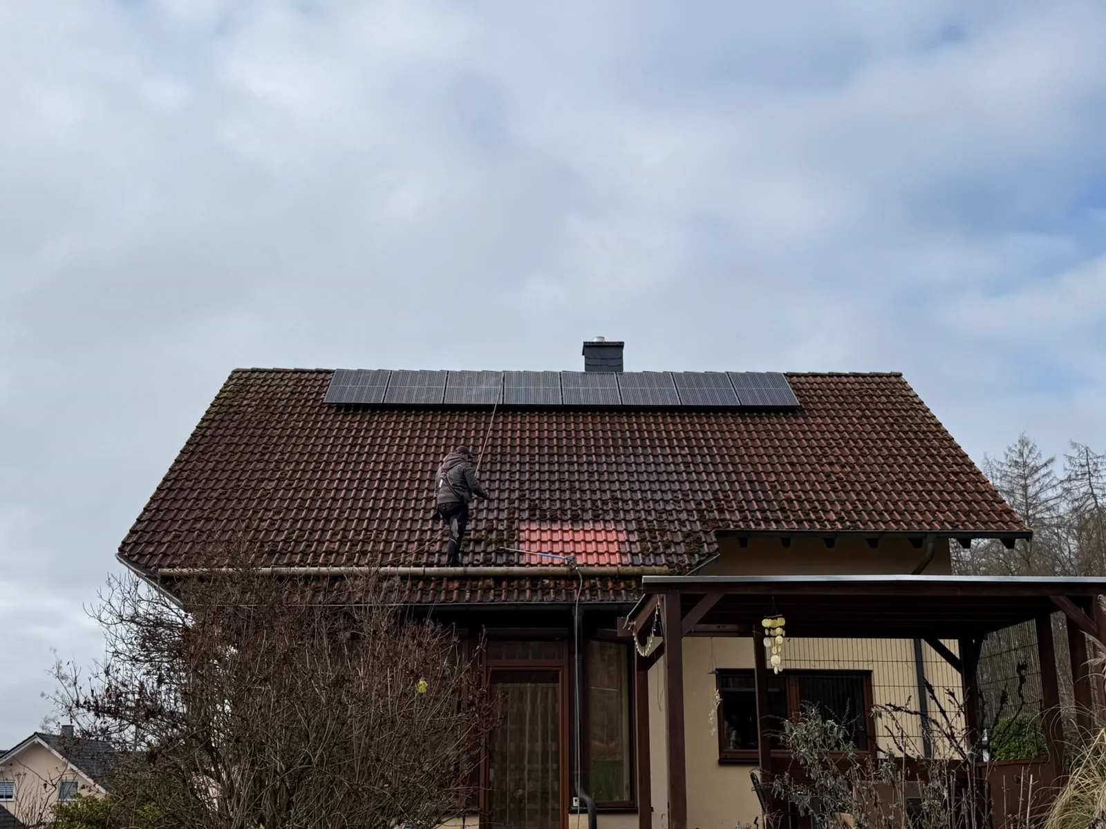 Dach mit Moos und Algen vor der Reinigung